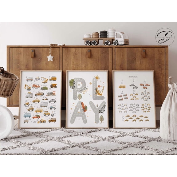Educational Construction Truck Wall Art Set of 3, Playroom Posters, Toddler Boys Room Decor