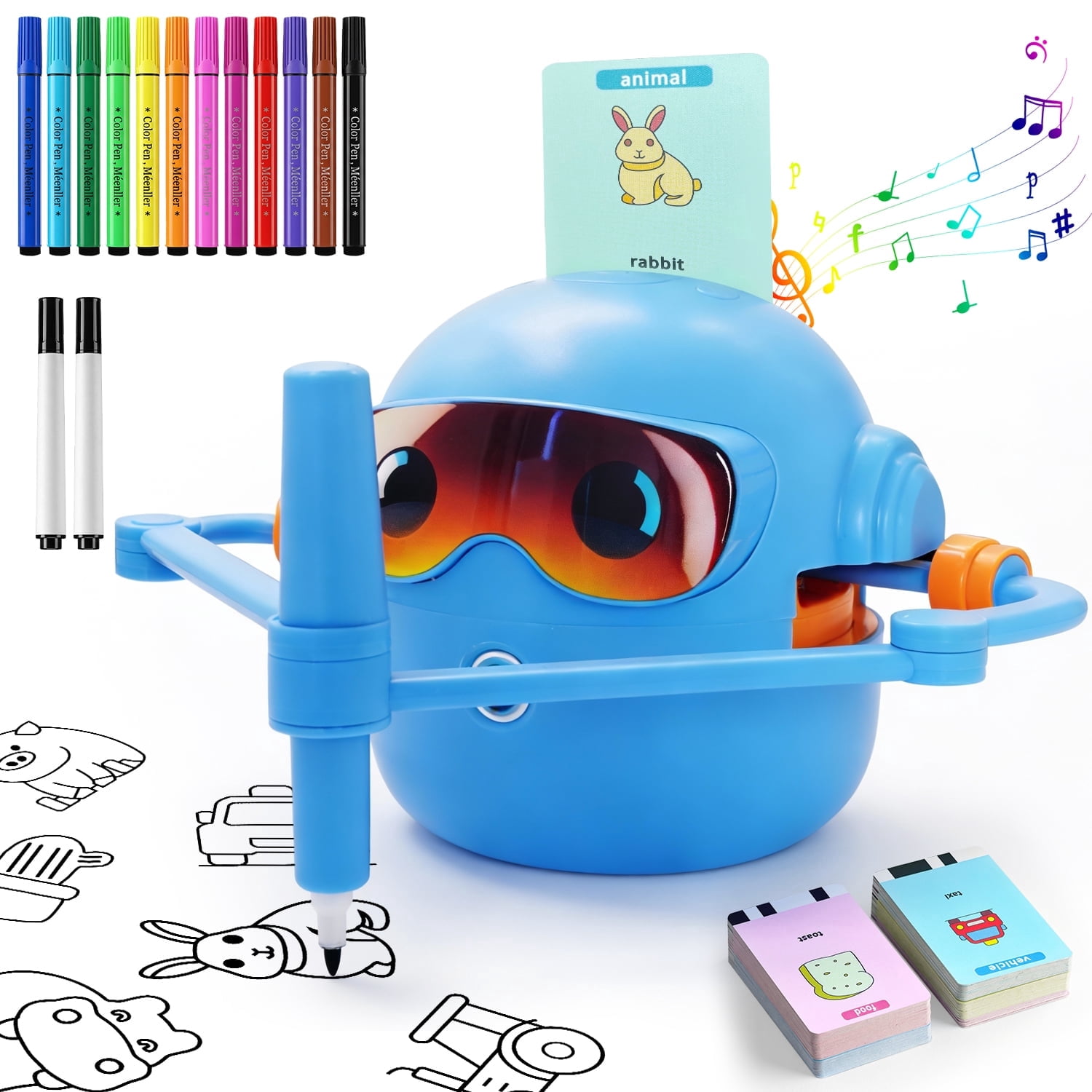 Educational Drawing Robot for Kids Ages 3-8 | Voice Interactive Learning Toys with 100 Word Cards & 12 Color Pens | Montessori Painting Machine for Boys Girls | Birthday Party Gifts (Blue)