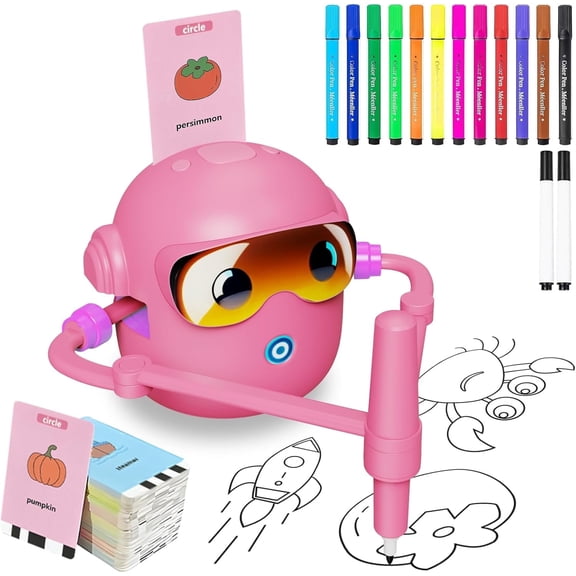 Educational Drawing Robot for Kids Ages 3-8 | Voice Interactive Learning Toys with 100 Word Cards & 12 Color Pens | Montessori Painting Machine for Boys Girls | Birthday Party Gifts (Pink)