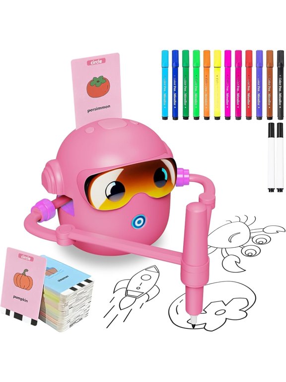 Educational Drawing Robot for Kids Ages 3-8 | Voice Interactive Learning Toys with 100 Word Cards & 12 Color Pens | Montessori Painting Machine for Boys Girls | Birthday Party Gifts (Pink)