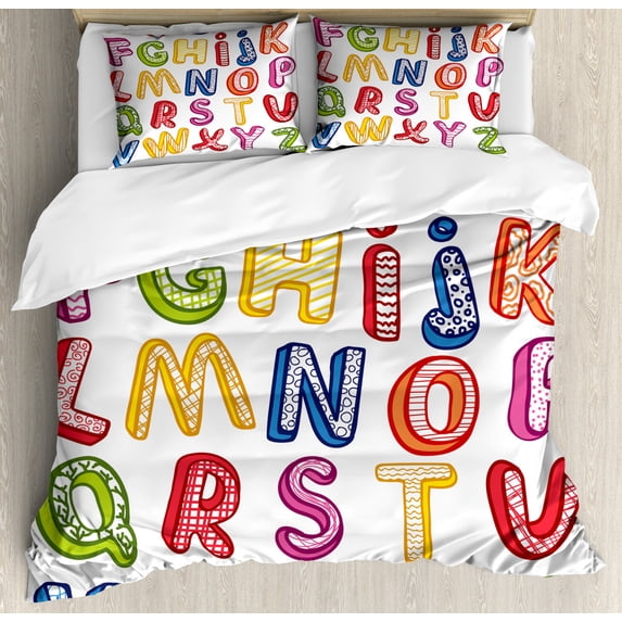 Educational Duvet Cover Set Queen Size, Hand Drawn Colorful 3D Style ABC Letters with Kids Patterns Joyful Fun Design, Decorative 3 Piece Bedding Set with 2 Pillow Shams, Multicolor, by Ambesonne