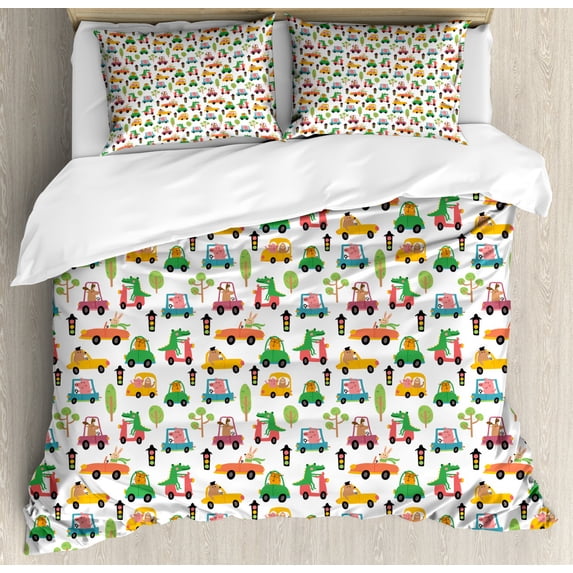 Educational Duvet Cover Set Queen Size, Nursery Cartoon with Animals in Cars Funny Cheerful Characters Traffic Signs, Decorative 3 Piece Bedding Set with 2 Pillow Shams, Multicolor, by Ambesonne