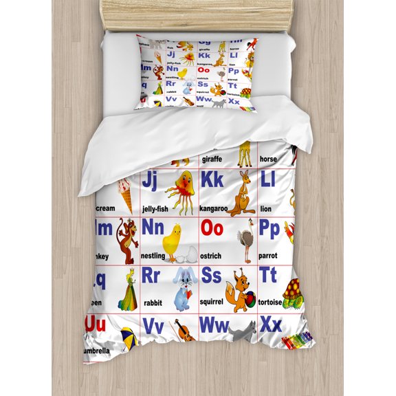 Educational Duvet Cover Set Twin Size, Animals Placed on Letter of the Alphabet Teacher's Chart Classroom Kindergarten, Decorative 2 Piece Bedding Set with 1 Pillow Sham, Multicolor, by Ambesonne