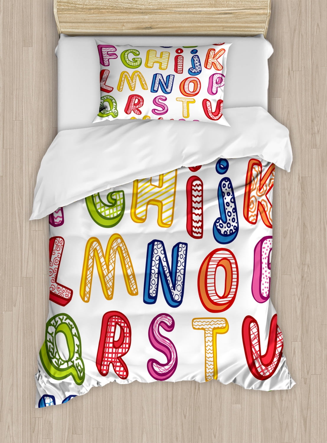 Educational Duvet Cover Set Twin Size, Hand Drawn Colorful 3D