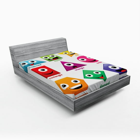 Ambesonne Science Fitted Sheet, Shapes with Funny Faces, Queen Size, Green and Purple