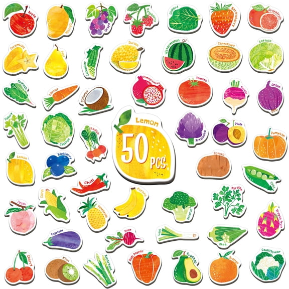 Educational Fruit Vegetable Fridge Magnets, 50 Pieces Cute Cartoon Pattern Thick Magnetic Stickers, Early Learning Teaching Toy For Home Kitchen Refrigerator Decor, Multicolor