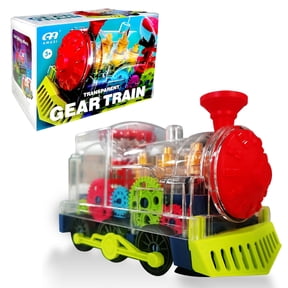 TiokMc Educational Gear Train Toy, Transparent Electric Rotating Mechanical Train with Lights and Music, Automatic Bump and Go Toy, Birthday Gift for Kids Ages 3+