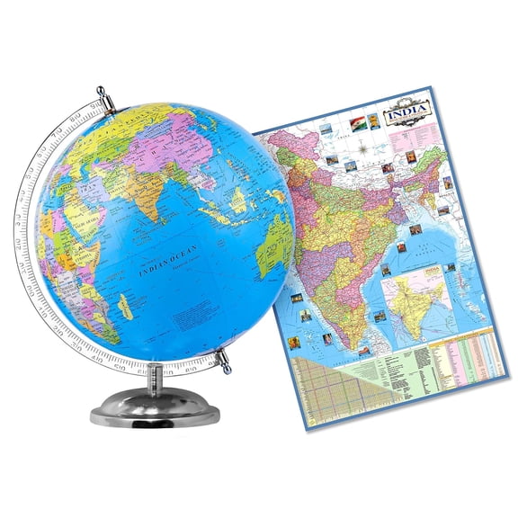 Educational Globe - 10 Inch Height Metal Base + India Political Map (70 X 100 Cm) - Home & Office Decor World Globe For Gifting & Learning