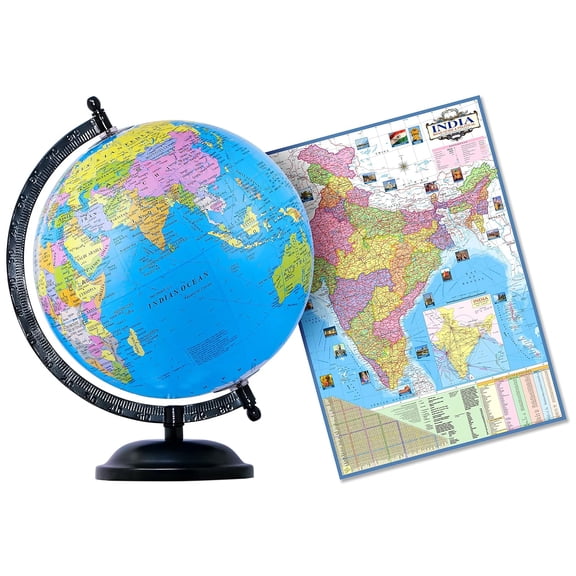Educational Globe - 10 Inch Height Metal Base + India Political Map (70 X 100 Cm) - Home & Office Decor World Globe For Gifting, Decorating & Learning