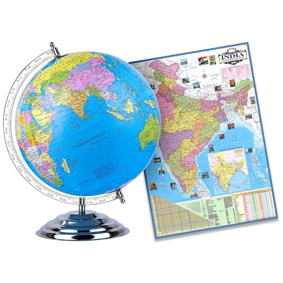 Educational Globe - 15 Inch Height Metal Base + India Political Map (70 X 100 Cm) - Home & Office Decor, World Globe For Gifting & Kids Learning