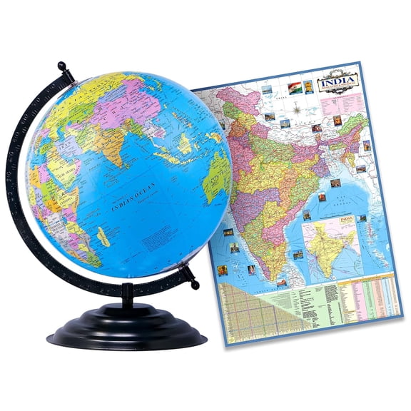 Educational Globe - 15 Inch Height Metal Base + India Political Map (70 X 100 Cm) - Home & Office Decor, World Globe For Gifting & Learning