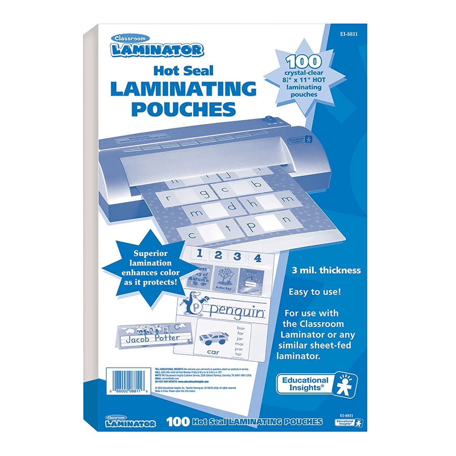 Educational Insights Classroom Laminator 8.5" X 11" Hot Laminating Pouches, (100 pieces)
