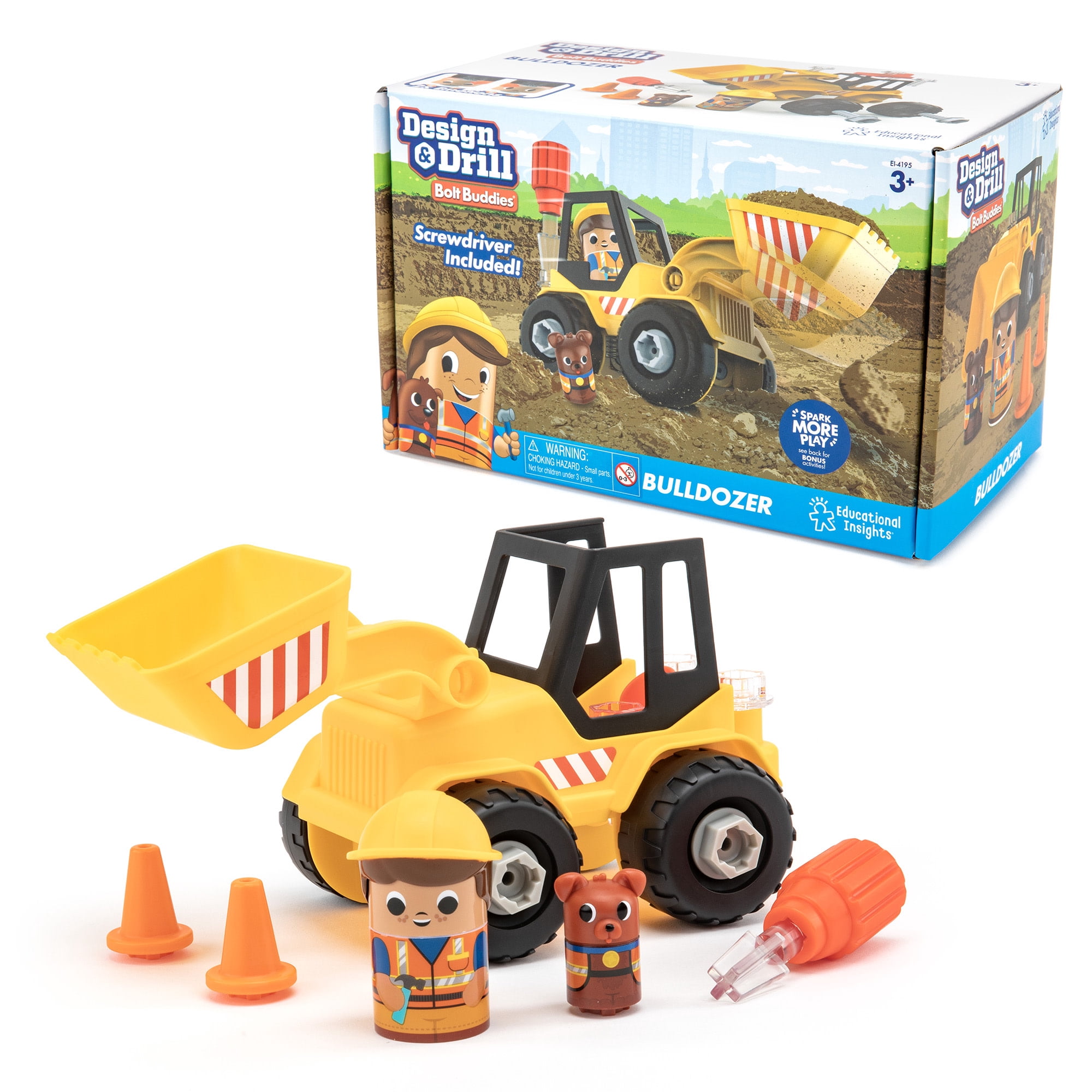 Educational Insights Design & Drill Bolt Buddies Bulldozer Take Apart Toy with Screwdriver Tool, Preschool STEM Toy, Ages 3+