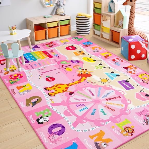 Educational Kid Area Rug for Playroom, 5x7 Feet TPR Non Slip Kids Classroom Carpet Rug for Learning ABC Animal, Shape Color Fruit, Washable Play Mat Rug for Children Nursery Toddler Room Decor