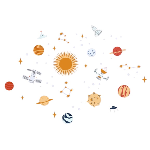 Educational Kids Design of Planets Spaceship Asteroid and Satellite Wall Decoration - Cartoon Art Design of Solar System for Nursery Vinyl Wall Decal - 28" x 19"
