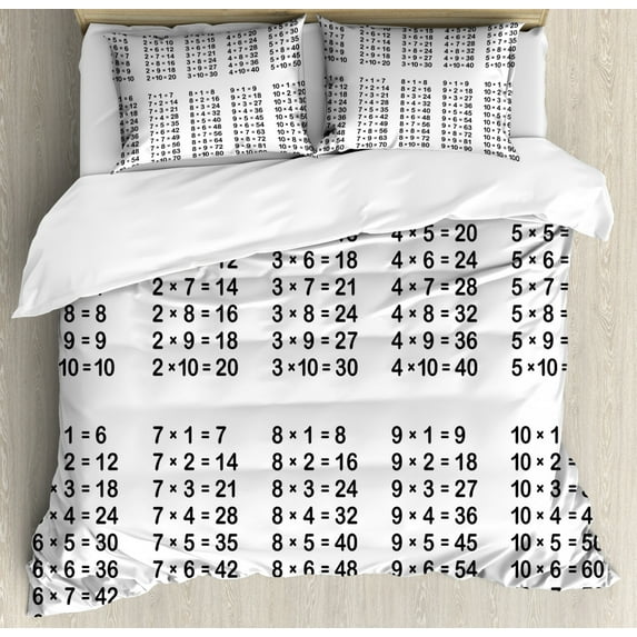 Educational King Size Duvet Cover Set, Multiplication Table on White Background Mathematics Algebra School Student, Decorative 3 Piece Bedding Set with 2 Pillow Shams, Black White, by Ambesonne