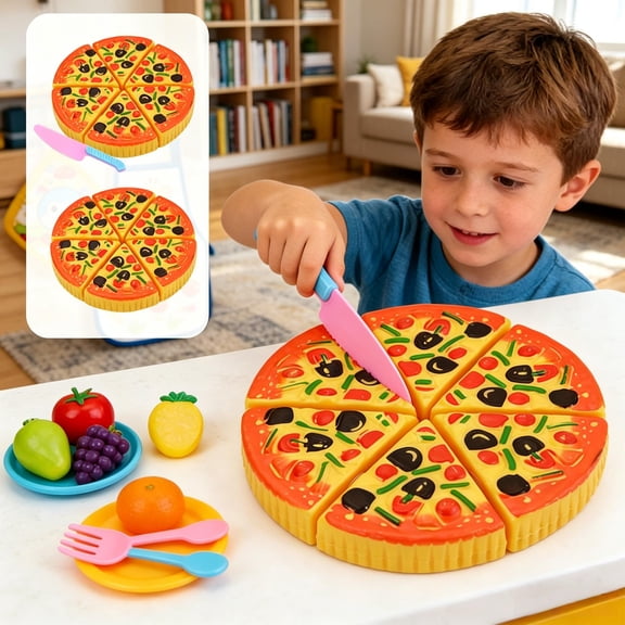 Educational Kitchen Role Play Toy, Kids Pretend Play Pizza Cutting Toy, Realistic Sticky Sliceable Simulation Pizza, Safe Plastic Food Accessory, Birthday Holiday Gift for Toddler Boys Girls Ages 3+