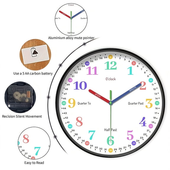 Educational Learning Clock for Kids, Analog Wall Teaching Clock with Minute Hour Hands, Numbered Face, Time Practice