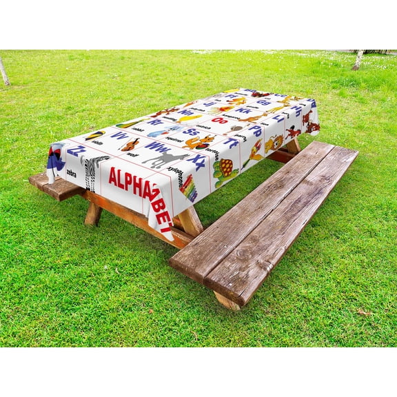 Educational Outdoor Tablecloth, Animals Placed on Letter of the Alphabet Teacher's Chart Classroom Kindergarten, Decorative Washable Fabric Picnic Table Cloth, 58 X 84 Inches,Multicolor, by Ambesonne