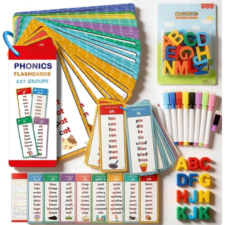 Educational Phonics Word Flashcards for Preschool & Kindergarten, 117 Sound Groups 900+ Rhyming Words, Waterproof Learn to Read Spell Toys (K)