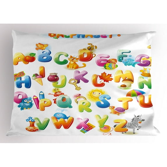 Educational Pillow Sham Cheerful Cartoon Fun Alphabet Design for Kids Cute Font Preschool Kindergarten, Decorative Standard Queen Size Printed Pillowcase, 30 X 20 Inches, Multicolor, by Ambesonne