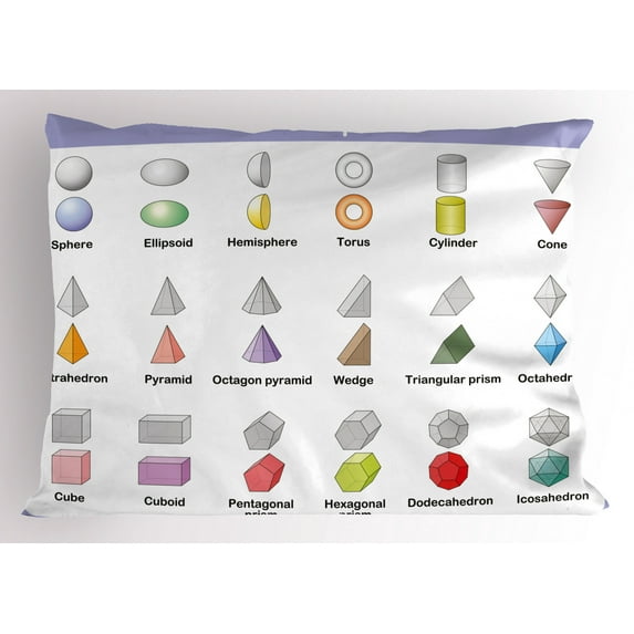 Educational Pillow Sham Learning the 3D Shapes for Kids Different Geometric Figures Teaching Collection, Decorative Standard King Size Printed Pillowcase, 36 X 20 Inches, Multicolor, by Ambesonne