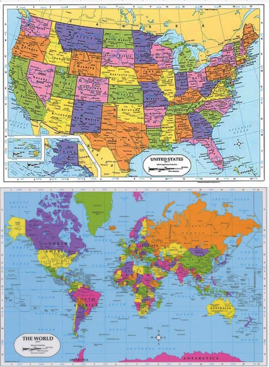 Educational Placemats for Kids Laminated and World Map Set Free Two