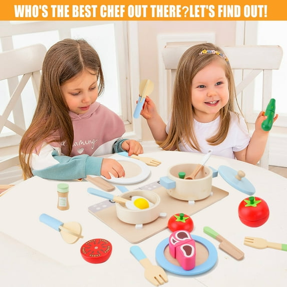 Educational Play Food Sets for Kids Kitchen, Wooden Cookware Pots and Dining Set, Play Kitchen Accessories, Montessori Pretend Play Toys, Sensory Toys for Toddlers 1-3,