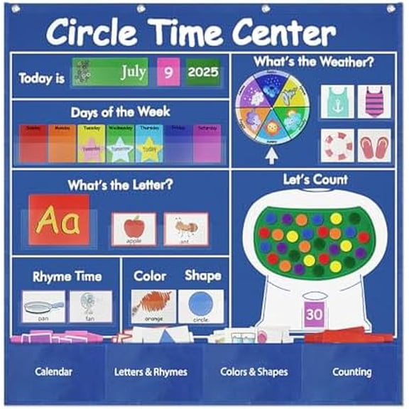 Educational Pocket Chart, 39.76 x 39.76 inches Circle Time Learning Center Pocket Chart Learning Center Classroom Pocket Chart Circle Time Learning Calendar Weather Counting Letter Color Shape
