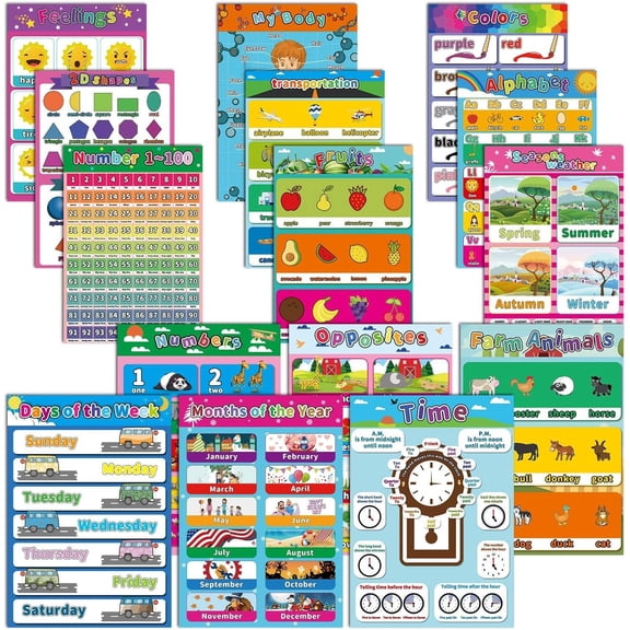 Educational Poster for and , Classroom Decorations for Teachers Elementary Learning ABC Alphabet,Shapes Chart Pack of 15, 17x12 Inches School Supplies for Wall