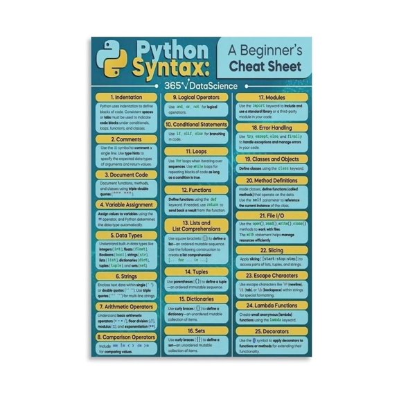 Educational Python Poster Computer Science Cheat Sheet for Beginners Coding Syntax Reference Guide Wall Art for Programmer Study Room Classroom Decor