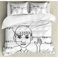 thumbnail image 1 of Educational Queen Size Duvet Cover Set, Five Senses Shown on Little Boy Portrait Explanatory Texts Monochrome Drawing, Decorative 3 Piece Bedding Set with 2 Pillow Shams, Black White, by Ambesonne, 1 of 3