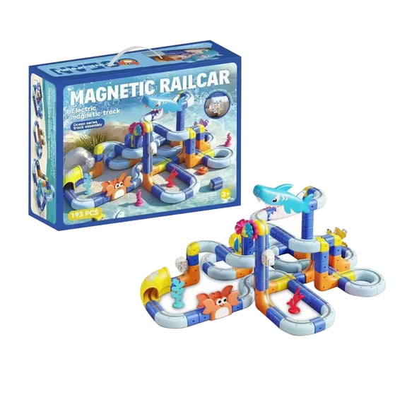 Ocean-Theme Race Car Track Magnetic Building Toy Set, STEM DIY Assembly Rail Car Toy with Electric Ship Vehicle, Creative Puzzle Track Play Set (193Pcs)