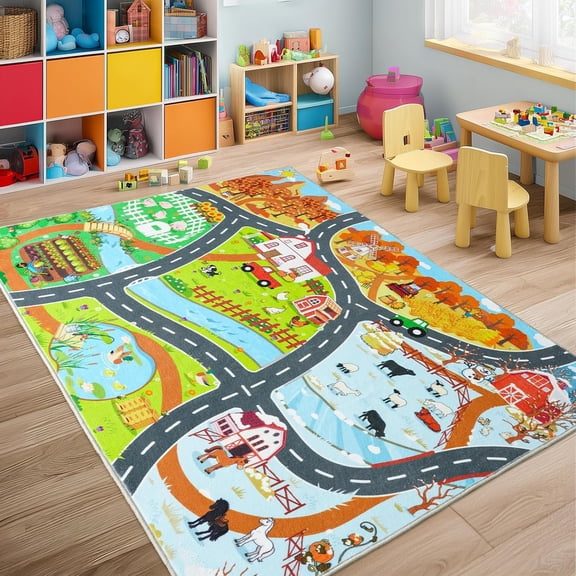 Educational Rug, Town Country Barn Track Road Carpet Playmat with Non-Slip Backing, Play Mat for Roads Washable Rugs Four Seasons Theme Farm Scene Mat for Room Bedroom Safe Area, 3'x4'