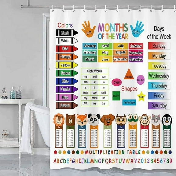 Educational Shower Curtain for Kids, ABC Learning Shower Curtain, Baby Kids Cartoon Theme Waterproof Fabric Bathroom Decor Sets, Colorful Multiplication Table Shower Curtain with Hooks 72X72inch