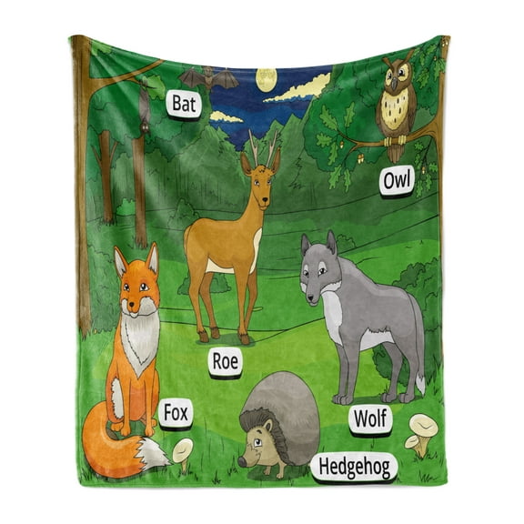 Educational Soft Flannel Fleece Blanket, Forest with Cartoon Animals with Names Educational Intellectual Fun Kids Game, Cozy Plush for Indoor and Outdoor Use, 60" x 80", Multicolor, by Ambesonne