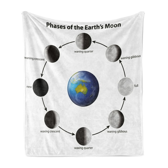 Educational Soft Flannel Fleece Blanket, Phases on the Moon as Seen from Earth Celestial Rotation Astrology Cycle, Cozy Plush for Indoor and Outdoor Use, 60" x 80", Black Grey Blue, by Ambesonne