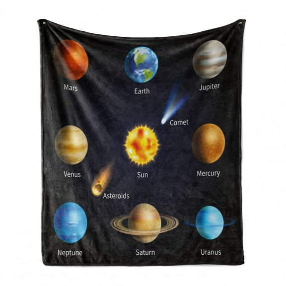 Educational Soft Flannel Fleece Blanket, Realistic Solar System Planets and Space Objects Asteroids Comet Universe Space, Cozy Plush for Indoor and Outdoor Use, 60" x 80", Multicolor, by Ambesonne