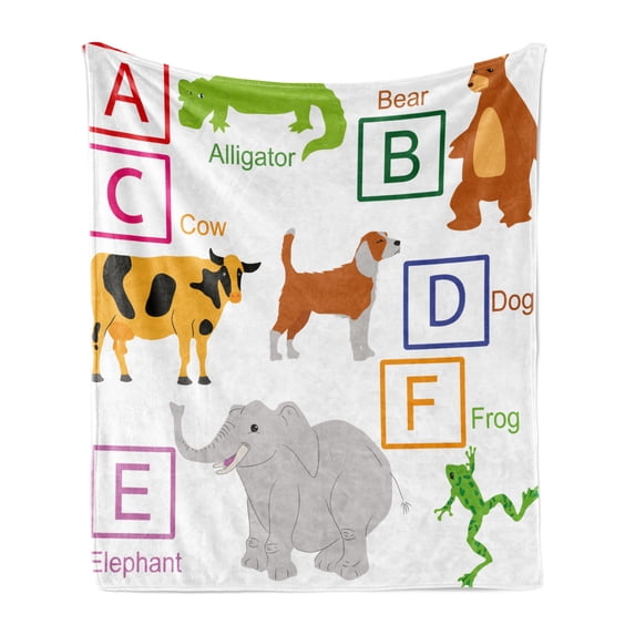 Educational Soft Flannel Fleece Throw Blanket, Alphabet Letters with Zoo Animals Kids Fun Preschool Teaching Theme School, Cozy Plush for Indoor and Outdoor Use, 50" x 70", Multicolor, by Ambesonne