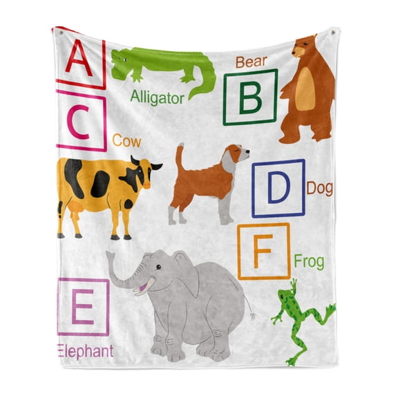 Educational Soft Flannel Fleece Throw Blanket, Alphabet Letters with Zoo Animals Kids Fun Preschool Teaching Theme School, Cozy Plush for Indoor and Outdoor Use, 70" x 90", Multicolor, by Ambesonne