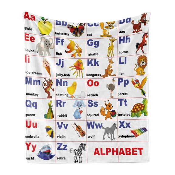 Educational Soft Flannel Fleece Throw Blanket, Animals Placed on Letter the Alphabet Teacher's Chart Classroom Kindergarten, Cozy Plush for Indoor and Outdoor Use, 50" x 70", Multicolor, by Ambesonne
