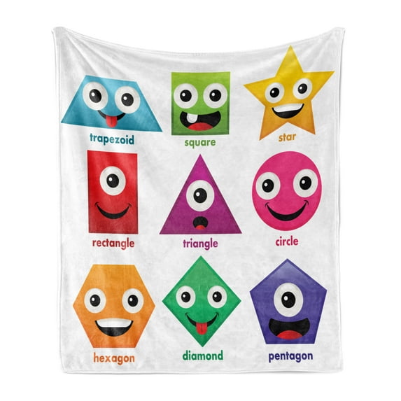 Educational Soft Flannel Fleece Throw Blanket, Geometric Shapes with Funny Faces Cartoon Nursery Soft Colors Artwork, Cozy Plush for Indoor and Outdoor Use, 70" x 90", Green and Purple, by Ambesonne