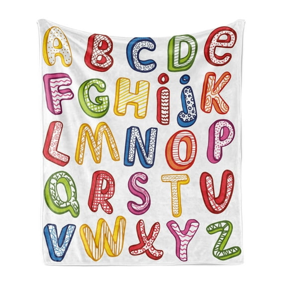 Educational Soft Flannel Fleece Throw Blanket, Hand Drawn Colorful 3D Style ABC Letters Kids Patterns Joyful Fun Design, Cozy Plush for Indoor and Outdoor Use, 50" x 60", Multicolor, by Ambesonne