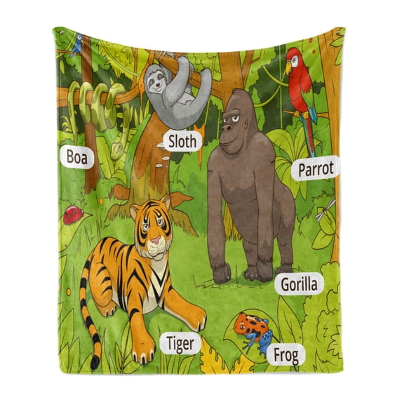 Educational Soft Flannel Fleece Throw Blanket, Jungle Animals Colorful Funny Hand Drawn Style Zoo Nature Tropical Wildlife, Cozy Plush for Indoor and Outdoor Use, 50" x 60", Multicolor, by Ambesonne