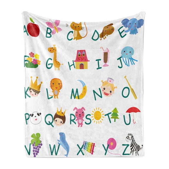 Educational Soft Flannel Fleece Throw Blanket, Kids Alphabet with Fruits Animals Prince Princess Cheerful Colorful Design, Cozy Plush for Indoor and Outdoor Use, 50" x 60", Multicolor, by Ambesonne