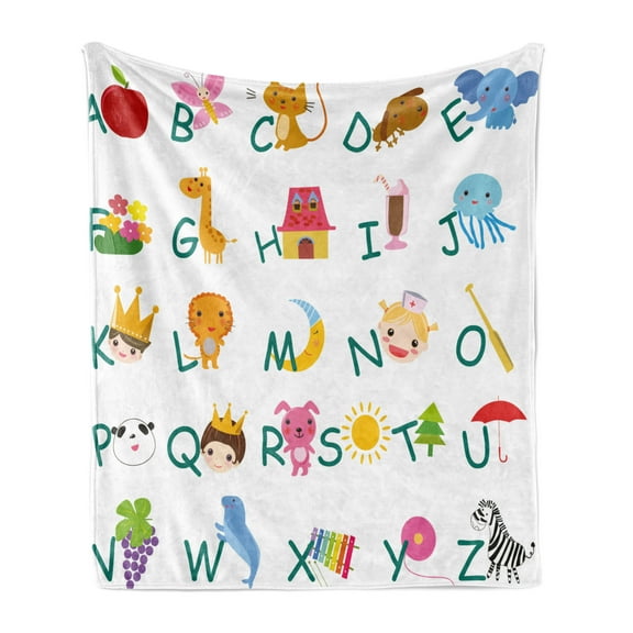 Educational Soft Flannel Fleece Throw Blanket, Kids Alphabet with Fruits Animals Prince Princess Cheerful Colorful Design, Cozy Plush for Indoor and Outdoor Use, 70" x 90", Multicolor, by Ambesonne