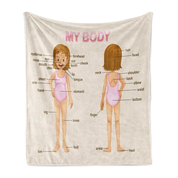 Educational Soft Flannel Fleece Throw Blanket, Parts of Body Female School Information World Knowledge Print, Cozy Plush for Indoor and Outdoor Use, 50" x 60", Champagne Baby Pink, by Ambesonne