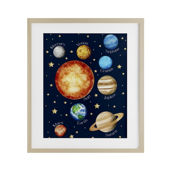 Educational Solar System Space Birch Framed Print Under Glass, design by Christine Simpson Art