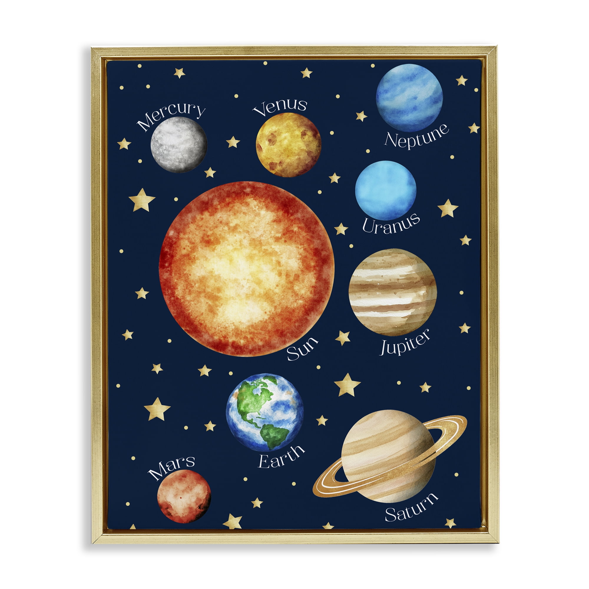 Educational Solar System Space Gold Framed Floater Canvas Wall Art, design by Christine Simpson Art