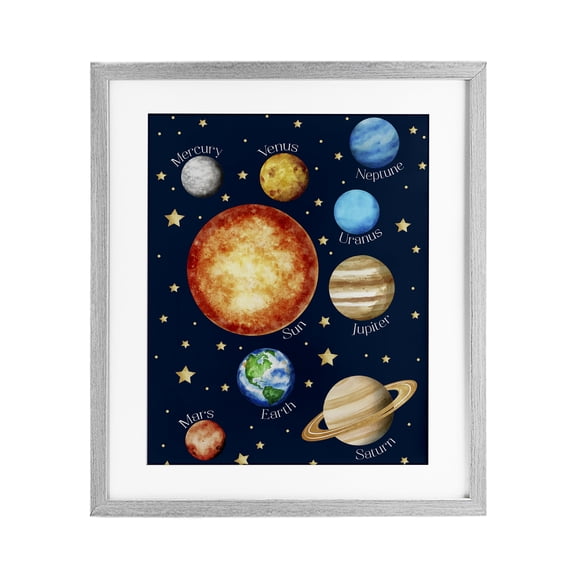 Educational Solar System Space Gray Framed Print Under Glass, design by Christine Simpson Art